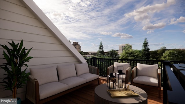 wooden deck featuring an outdoor hangout area and a view of city