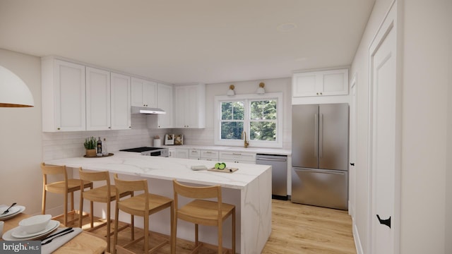 kitchen with under cabinet range hood, light stone counters, appliances with stainless steel finishes, a peninsula, and white cabinets