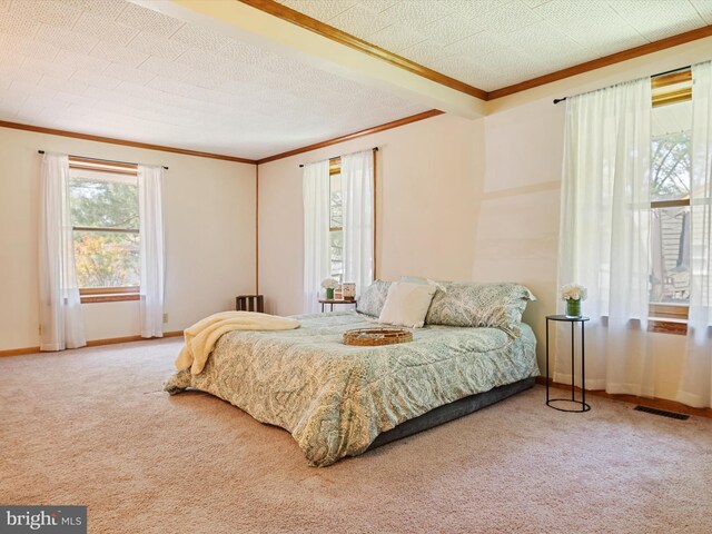 carpeted bedroom with crown molding, baseboards, and visible vents