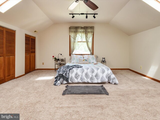 bedroom featuring carpet floors, rail lighting, multiple closets, baseboards, and lofted ceiling