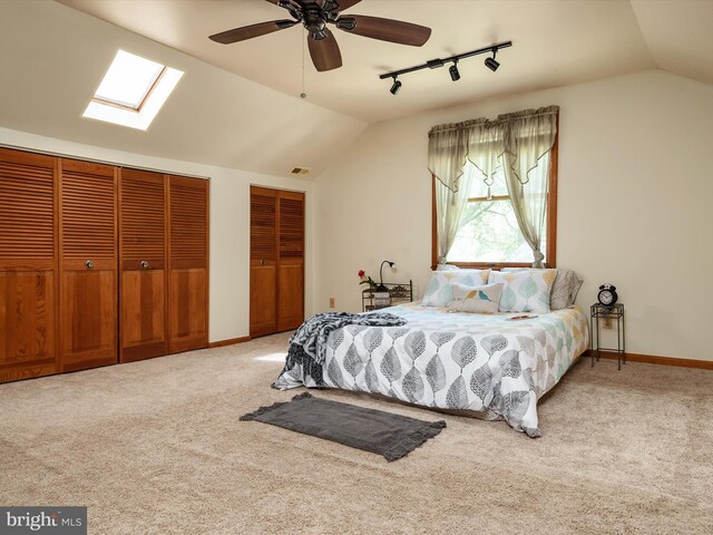 carpeted bedroom with vaulted ceiling with skylight, baseboards, two closets, and rail lighting