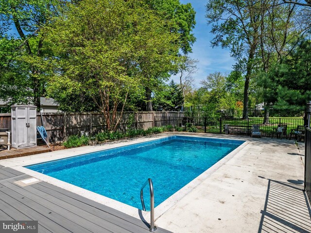 view of pool with a deck, a fenced in pool, and a fenced backyard
