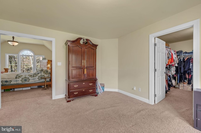 bedroom featuring a spacious closet, carpet floors, a closet, and baseboards