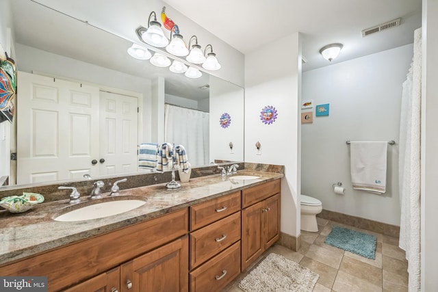 full bathroom with visible vents, a sink, double vanity, and toilet