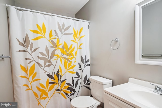 full bath featuring toilet, vanity, and a shower with curtain