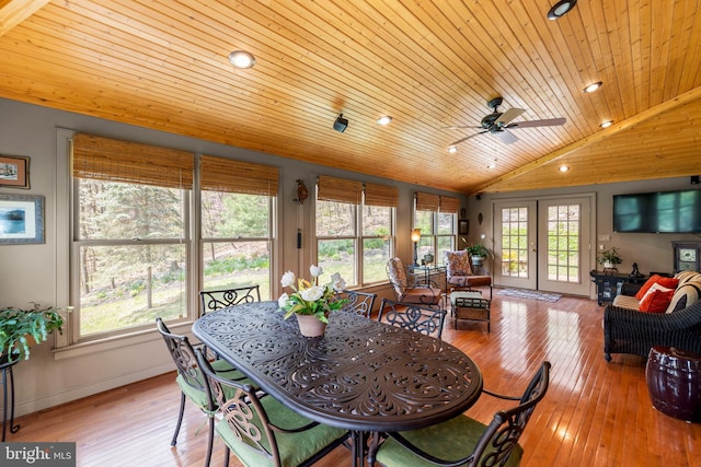 1460 Pitcock Ln, Winchester, VA 22602 - dining space featuring ceiling fan, vaulted ceiling, recessed lighting, wooden ceiling, and hardwood / wood-style flooring