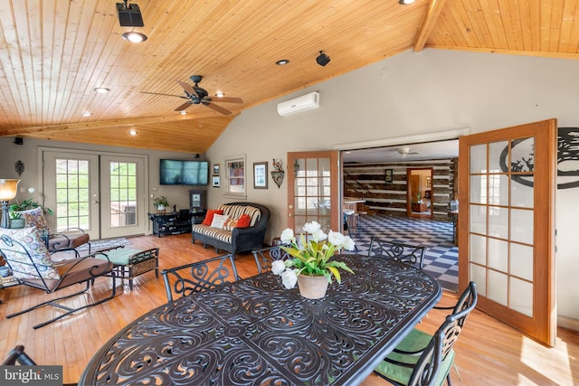 1460 Pitcock Ln, Winchester, VA 22602 - dining room with wood ceiling, a wall unit AC, ceiling fan, and lofted ceiling