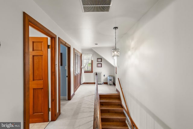 1460 Pitcock Ln, Winchester, VA 22602 - hall featuring radiator, visible vents, light carpet, stairs, and baseboards