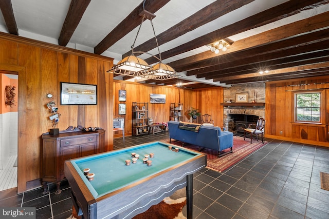 1460 Pitcock Ln, Winchester, VA 22602 - rec room featuring wood walls, baseboards, beam ceiling, and pool table