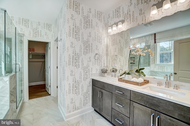 751 Bowie Shop Rd, Huntingtown, MD 20639 - full bathroom featuring a sink, baseboards, a shower stall, and wallpapered walls