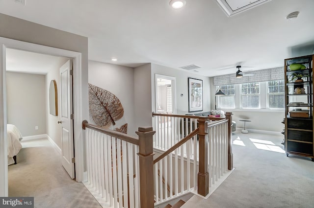 751 Bowie Shop Rd, Huntingtown, MD 20639 - hallway featuring visible vents, an upstairs landing, recessed lighting, carpet floors, and attic access