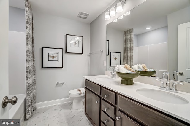 751 Bowie Shop Rd, Huntingtown, MD 20639 - bathroom with toilet, visible vents, marble finish floor, and a sink