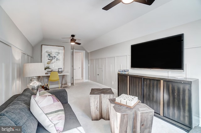 751 Bowie Shop Rd, Huntingtown, MD 20639 - carpeted living room featuring vaulted ceiling and ceiling fan