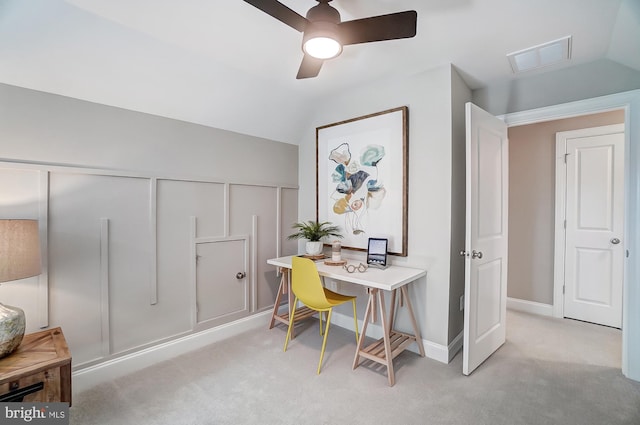 751 Bowie Shop Rd, Huntingtown, MD 20639 - office space with light carpet, visible vents, ceiling fan, and lofted ceiling
