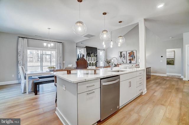 751 Bowie Shop Rd, Huntingtown, MD 20639 - kitchen with a sink, dishwasher, light wood-style flooring, and white cabinets