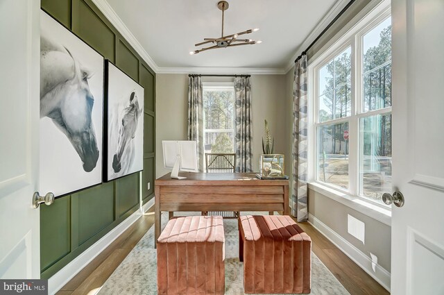 751 Bowie Shop Rd, Huntingtown, MD 20639 - home office featuring an inviting chandelier, wood finished floors, crown molding, and baseboards