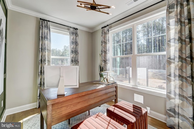 751 Bowie Shop Rd, Huntingtown, MD 20639 - home office featuring baseboards, wood finished floors, and crown molding