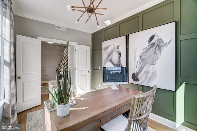 751 Bowie Shop Rd, Huntingtown, MD 20639 - office area featuring crown molding, visible vents, and light wood finished floors