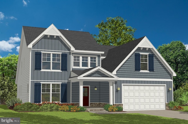 751 Bowie Shop Rd, Huntingtown, MD 20639 - view of front of property featuring board and batten siding, a front lawn, concrete driveway, a garage, and stone siding