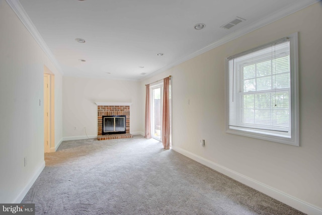 14613 Tynewick Ter Unit 6-1461, Silver Spring, MD 20906 - unfurnished living room featuring baseboards, carpet flooring, visible vents, a brick fireplace, and crown molding