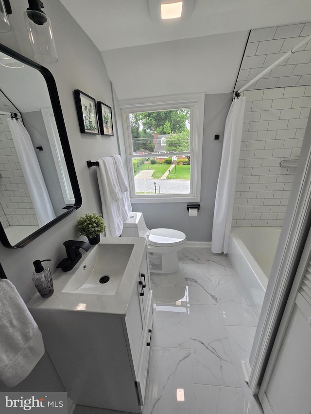 6611 Loch Hill Rd, Baltimore, MD 21239 - bathroom with marble look tile flooring, vanity, shower / bathtub combination with curtain, and lofted ceiling