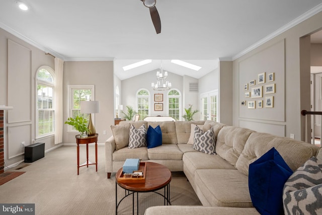 47 Christopher Way, Stafford, VA 22554 - living room with a skylight, carpet floors, vaulted ceiling, a chandelier, and a ceiling fan