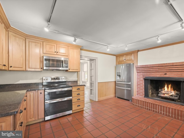 8805 Reichard Rd, Fairplay, MD 21733 - kitchen featuring stainless steel appliances, rail lighting, a fireplace, wainscoting, and light brown cabinets