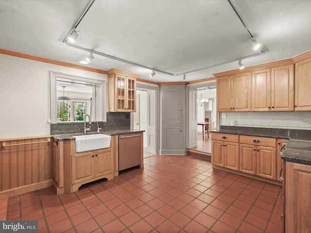 8805 Reichard Rd, Fairplay, MD 21733 - kitchen with track lighting, a sink, stainless steel dishwasher, crown molding, and glass insert cabinets