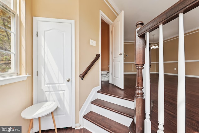 stairway featuring wood finished floors, an inviting chandelier, and baseboards