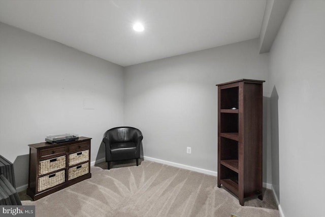 living area featuring baseboards and carpet floors