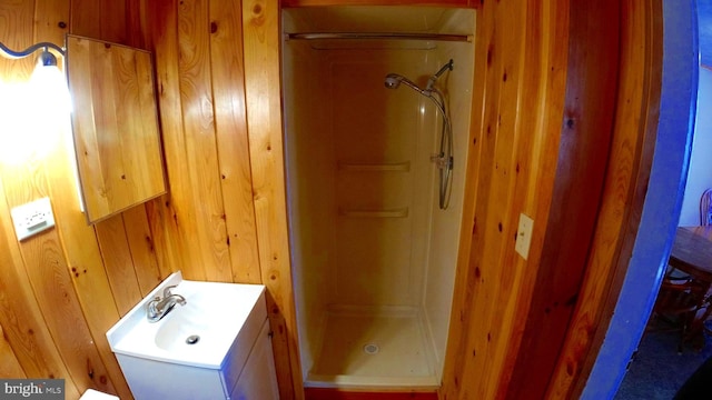 8354 Cumberland Rd, Springfield, WV 26763 - bathroom with wooden walls, a stall shower, and vanity