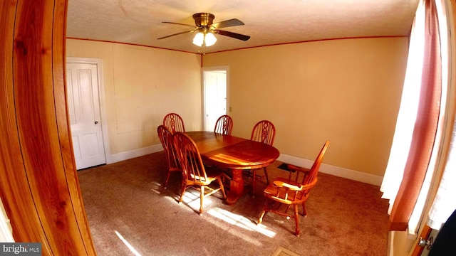 8354 Cumberland Rd, Springfield, WV 26763 - dining space with carpet floors, a ceiling fan, a textured ceiling, baseboards, and ornamental molding