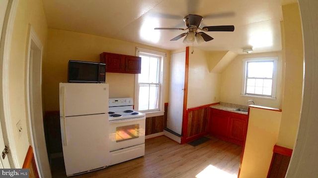 8354 Cumberland Rd, Springfield, WV 26763 - kitchen featuring light countertops, light wood-style flooring, white appliances, ceiling fan, and a sink