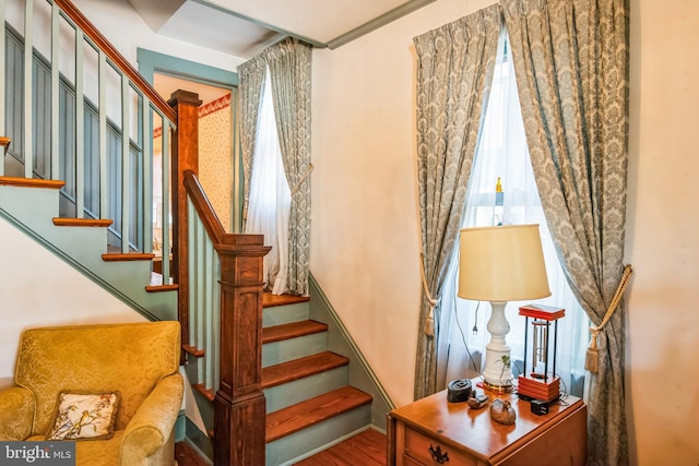 stairway with wood finished floors