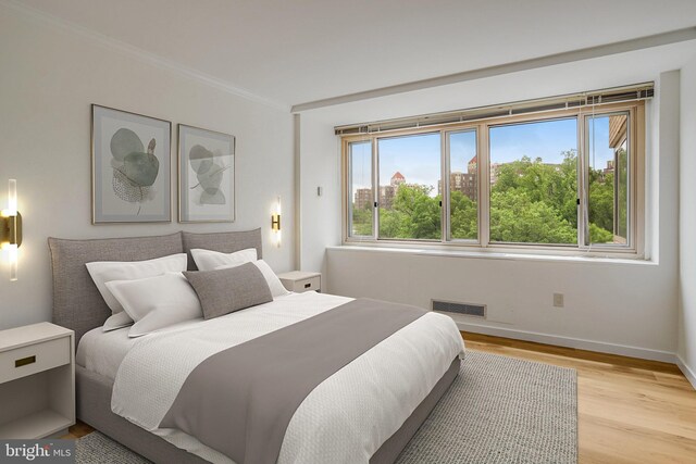 4101 Cathedral Ave NW Unit 1104, Washington, DC 20016 - bedroom featuring multiple windows, light wood-style floors, baseboards, and ornamental molding