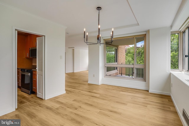 4101 Cathedral Ave NW Unit 1104, Washington, DC 20016 - unfurnished dining area with a chandelier, plenty of natural light, light wood finished floors, baseboards, and crown molding