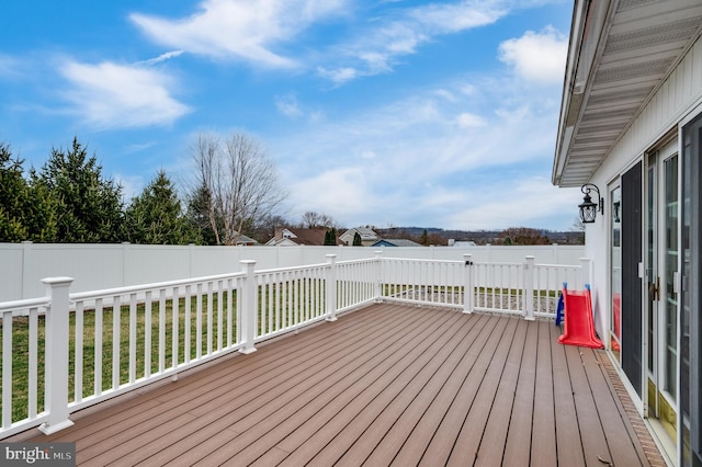 wooden deck with a fenced backyard