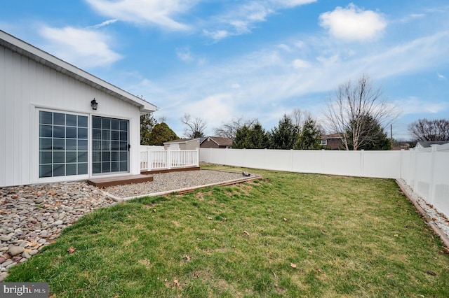 view of yard with a deck and a fenced backyard