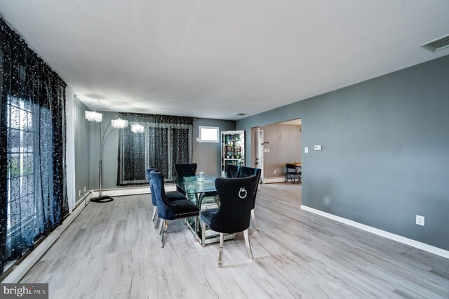 dining room with wood finished floors, visible vents, baseboard heating, and baseboards