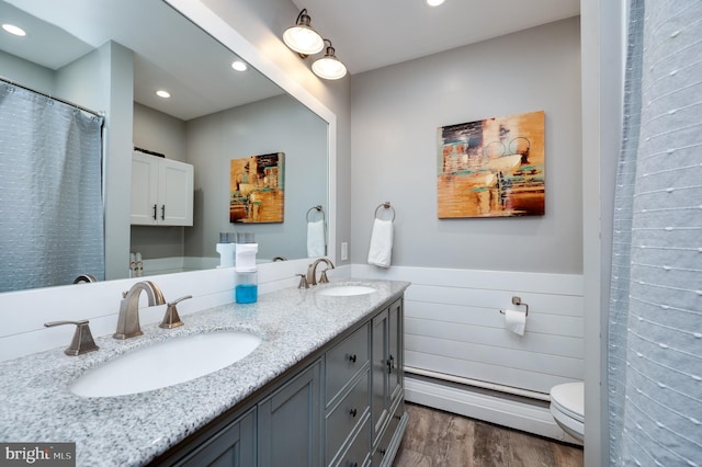 full bathroom with a sink, a wainscoted wall, toilet, and wood finished floors