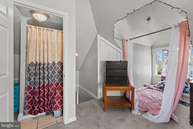 interior space with carpet and lofted ceiling