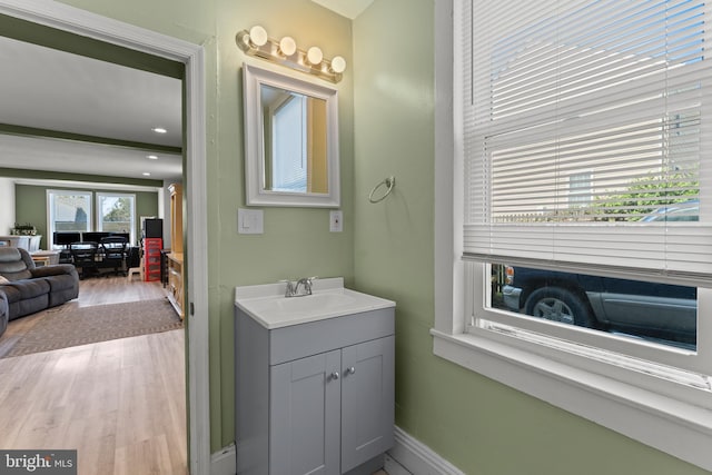 bathroom with vanity, baseboards, and wood finished floors
