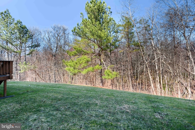 view of yard featuring a forest view