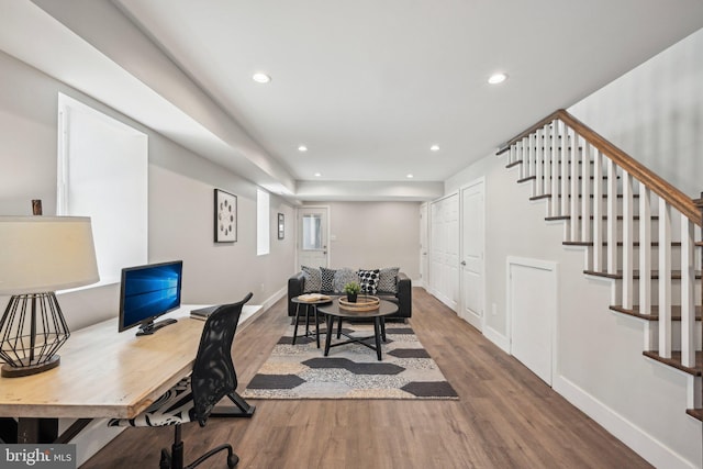 office area with recessed lighting, baseboards, and wood finished floors
