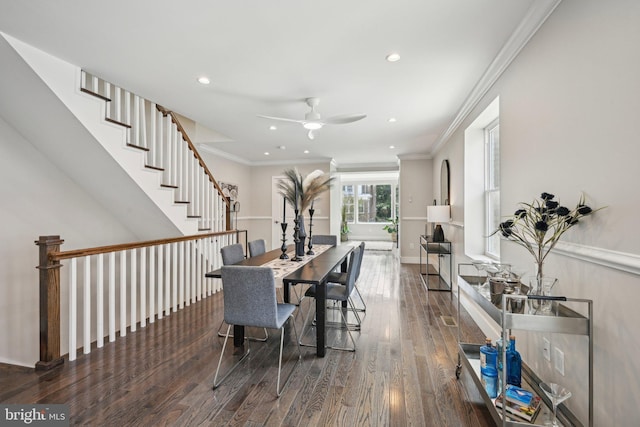 dining space with a ceiling fan, recessed lighting, baseboards, crown molding, and wood finished floors