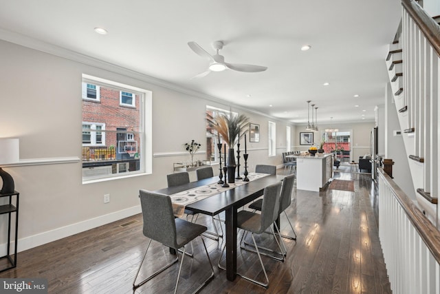 dining room with a ceiling fan, recessed lighting, crown molding, and dark wood-style floors