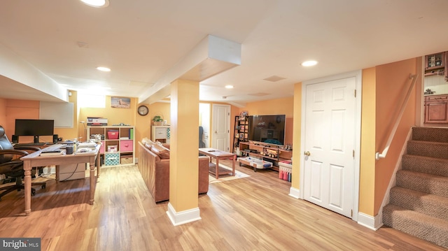 office area with recessed lighting, baseboards, and light wood-style flooring