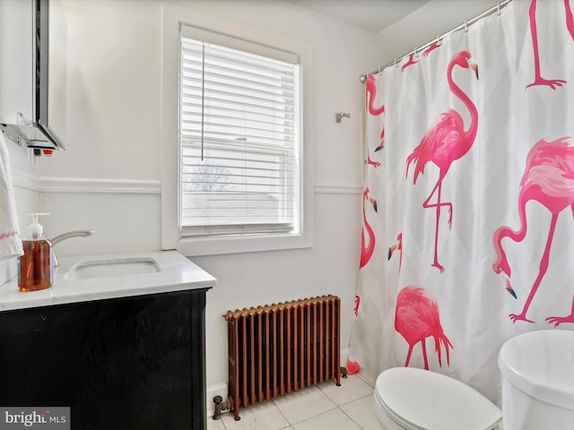 433 Williams St, Cumberland, MD 21502 - full bath with vanity, toilet, a shower with shower curtain, tile patterned floors, and radiator heating unit