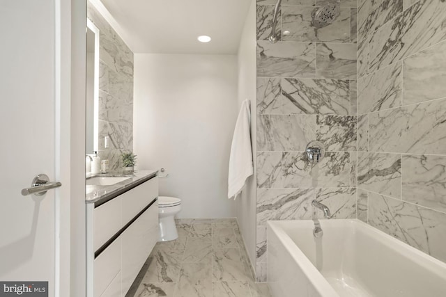 full bathroom featuring vanity, shower / bathing tub combination, toilet, marble finish floor, and baseboards