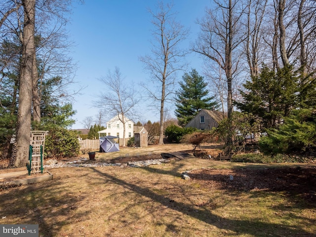 view of yard with a storage shed, an outdoor structure, and fence